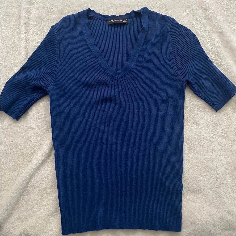 Blue V-Neck Ribbed Women's Top